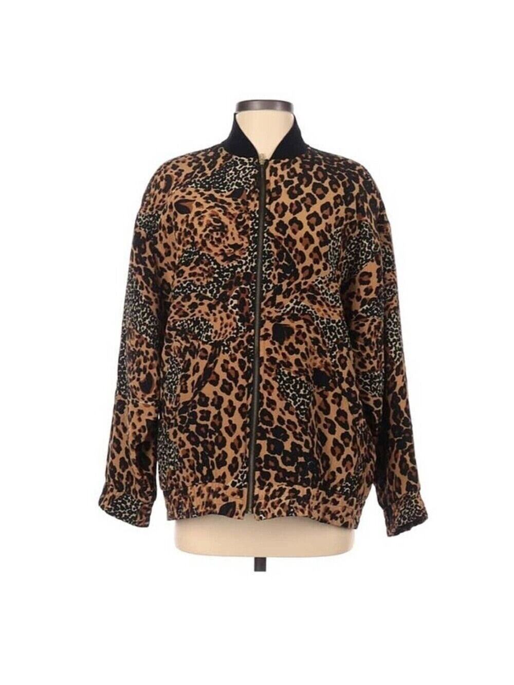 Regina Porter Womens XS 100% Silk Leopard Animal Print Bomber Jacket Shacket